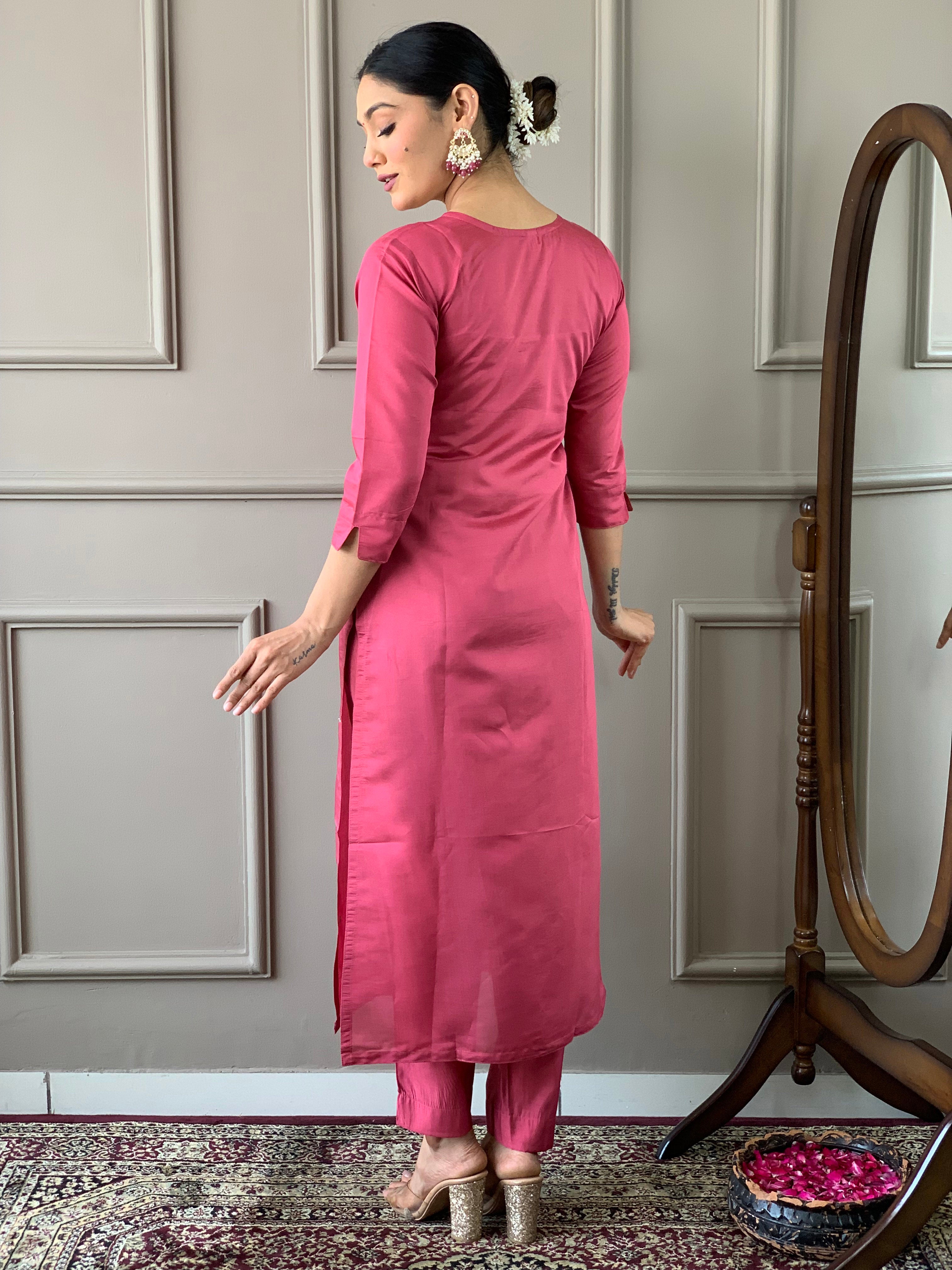 Pink Viscose Chanderi Kurti Set with Floral Jacquard Dupatta