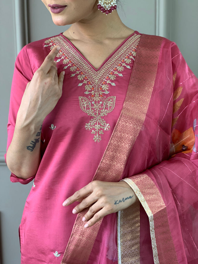 Pink Viscose Chanderi Kurti Set with Floral Jacquard Dupatta