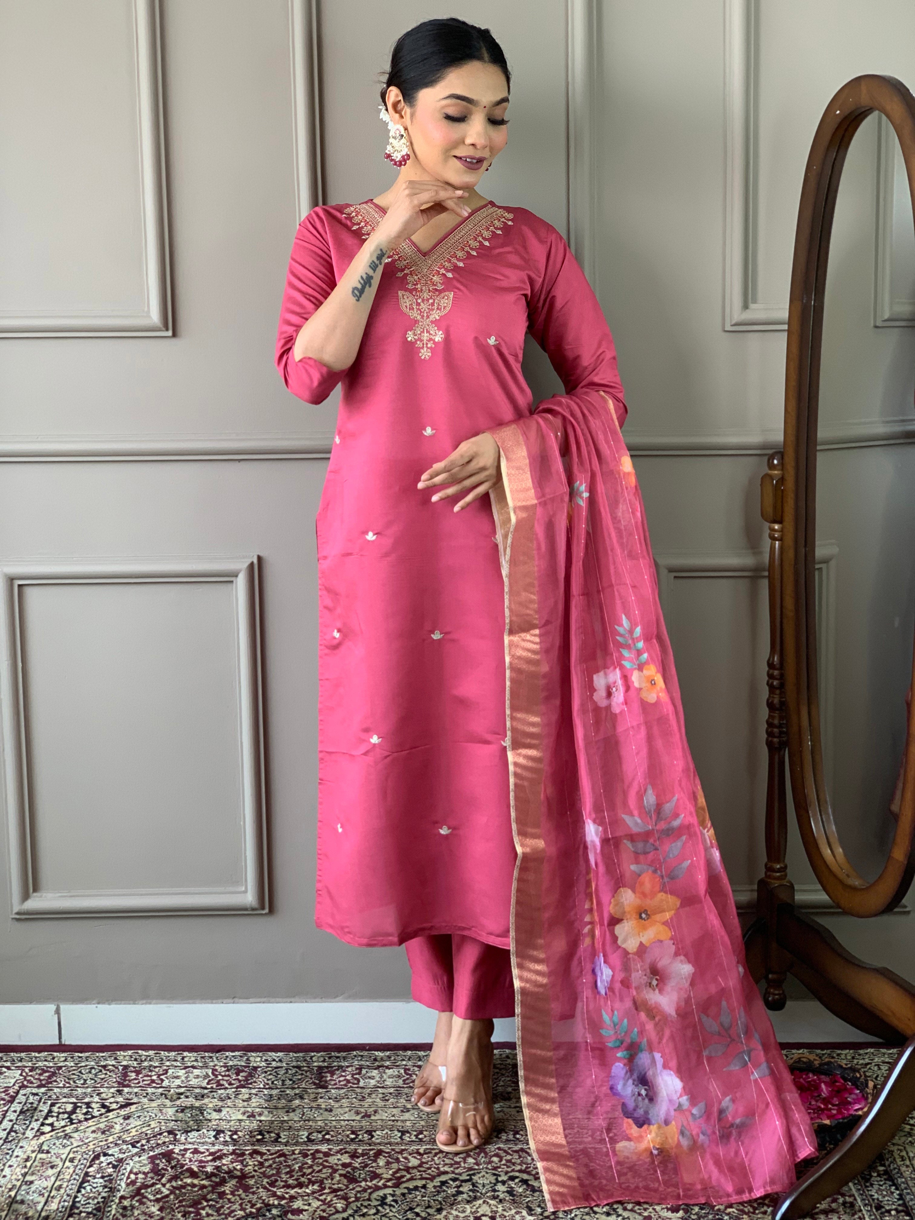Pink Viscose Chanderi Kurti Set with Floral Jacquard Dupatta
