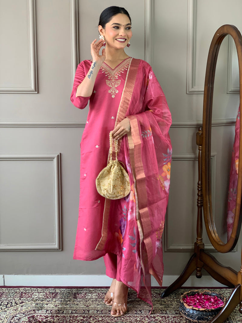 Pink Viscose Chanderi Kurti Set with Floral Jacquard Dupatta