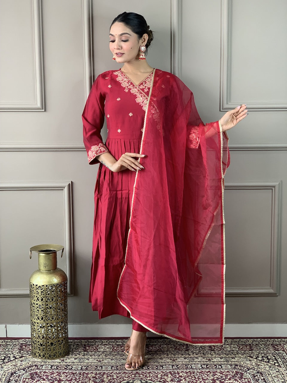 Red Viscose Chanderi Kurti Set with Organza Dupatta