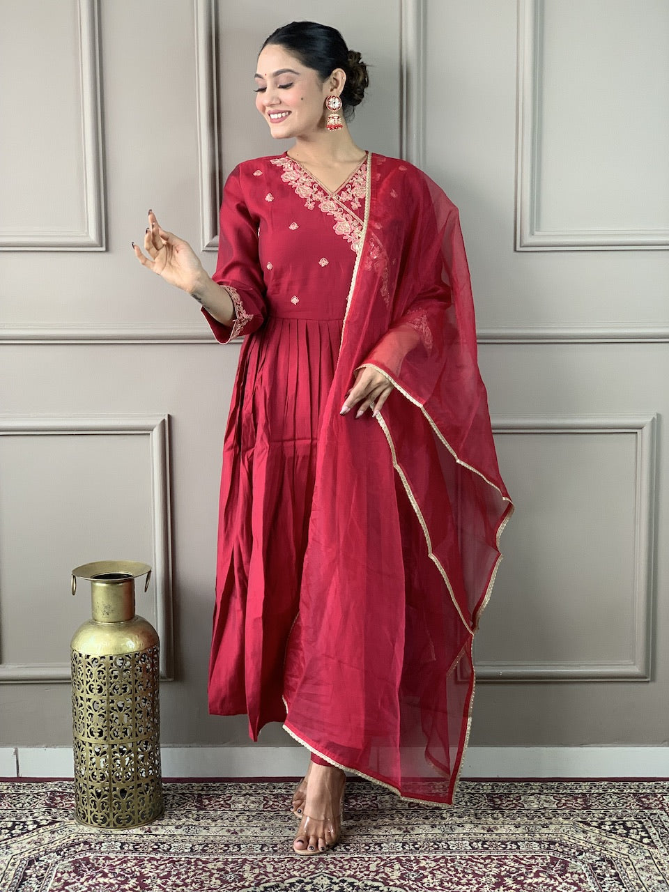 Red Viscose Chanderi Kurti Set with Organza Dupatta
