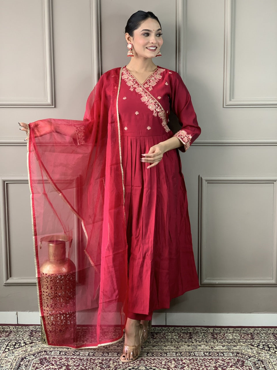 Red Viscose Chanderi Kurti Set with Organza Dupatta
