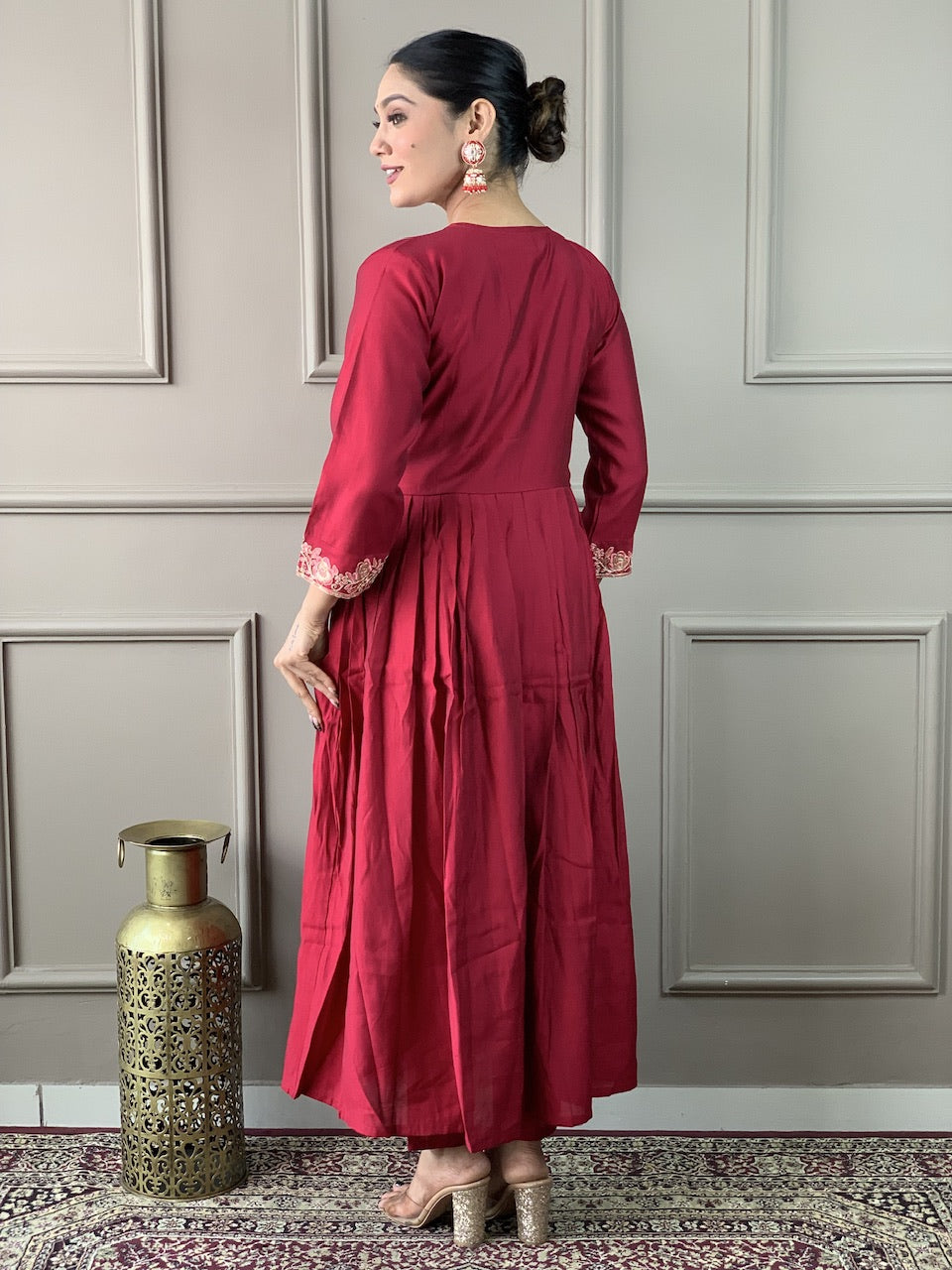 Red Viscose Chanderi Kurti Set with Organza Dupatta