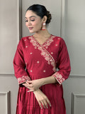 Red Viscose Chanderi Kurti Set with Organza Dupatta