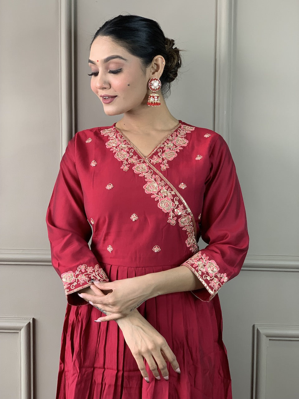Red Viscose Chanderi Kurti Set with Organza Dupatta