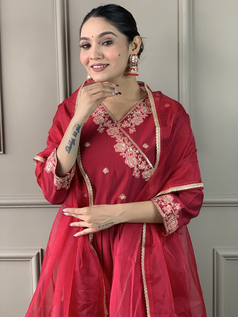 Red Viscose Chanderi Kurti Set with Organza Dupatta