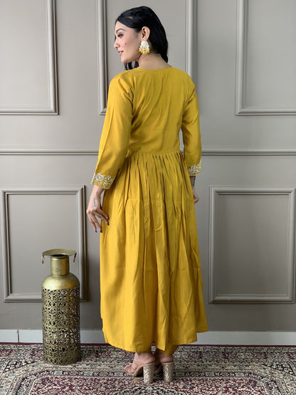 Mustard Yellow Viscose Chanderi Kurti Set