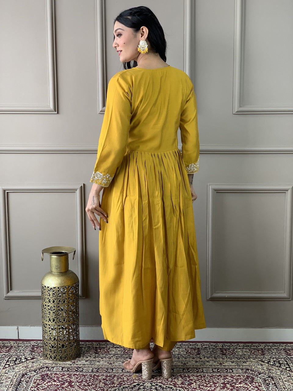 Mustard Yellow Viscose Chanderi Kurti Set