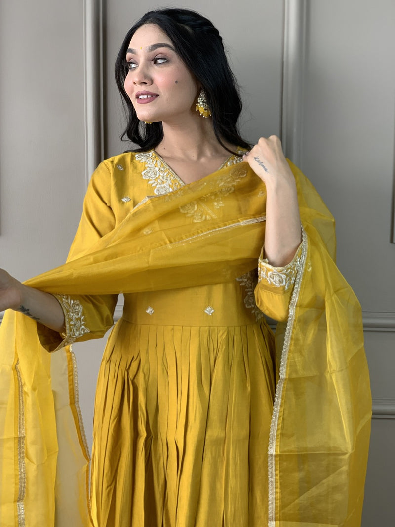 Mustard Yellow Viscose Chanderi Kurti Set