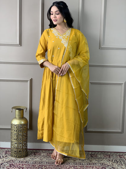 Mustard Yellow Viscose Chanderi Kurti Set