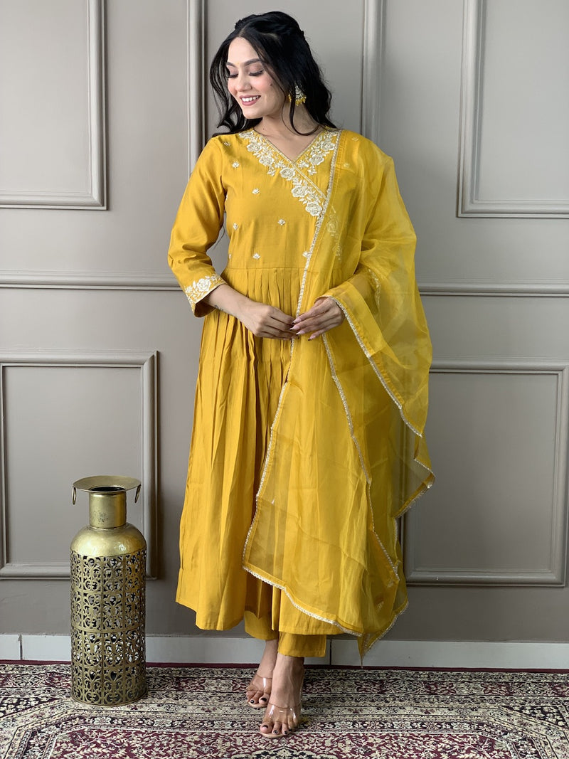 Mustard Yellow Viscose Chanderi Kurti Set