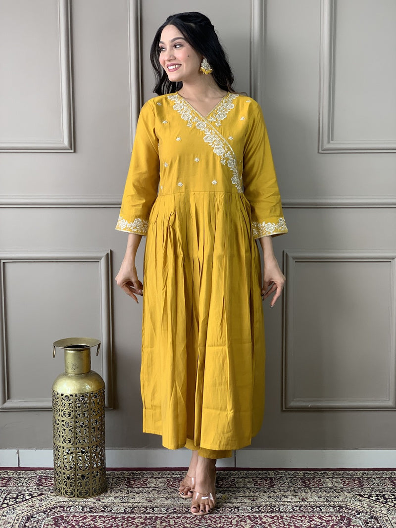 Mustard Yellow Viscose Chanderi Kurti Set