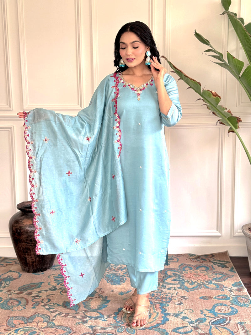 Sky Blue Viscose Chanderi Kurti Set with Embroidered Dupatta