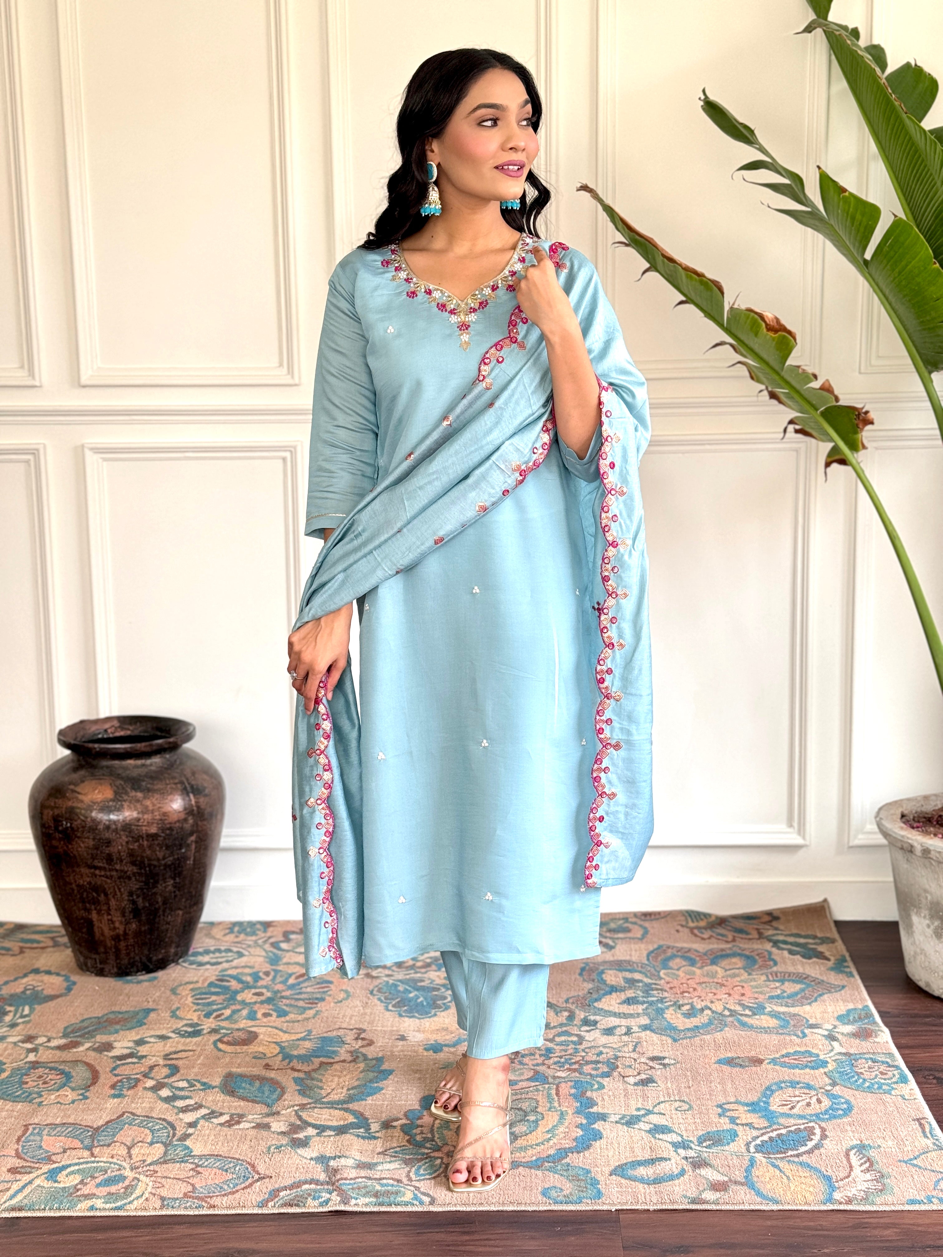 Sky Blue Viscose Chanderi Kurti Set with Embroidered Dupatta