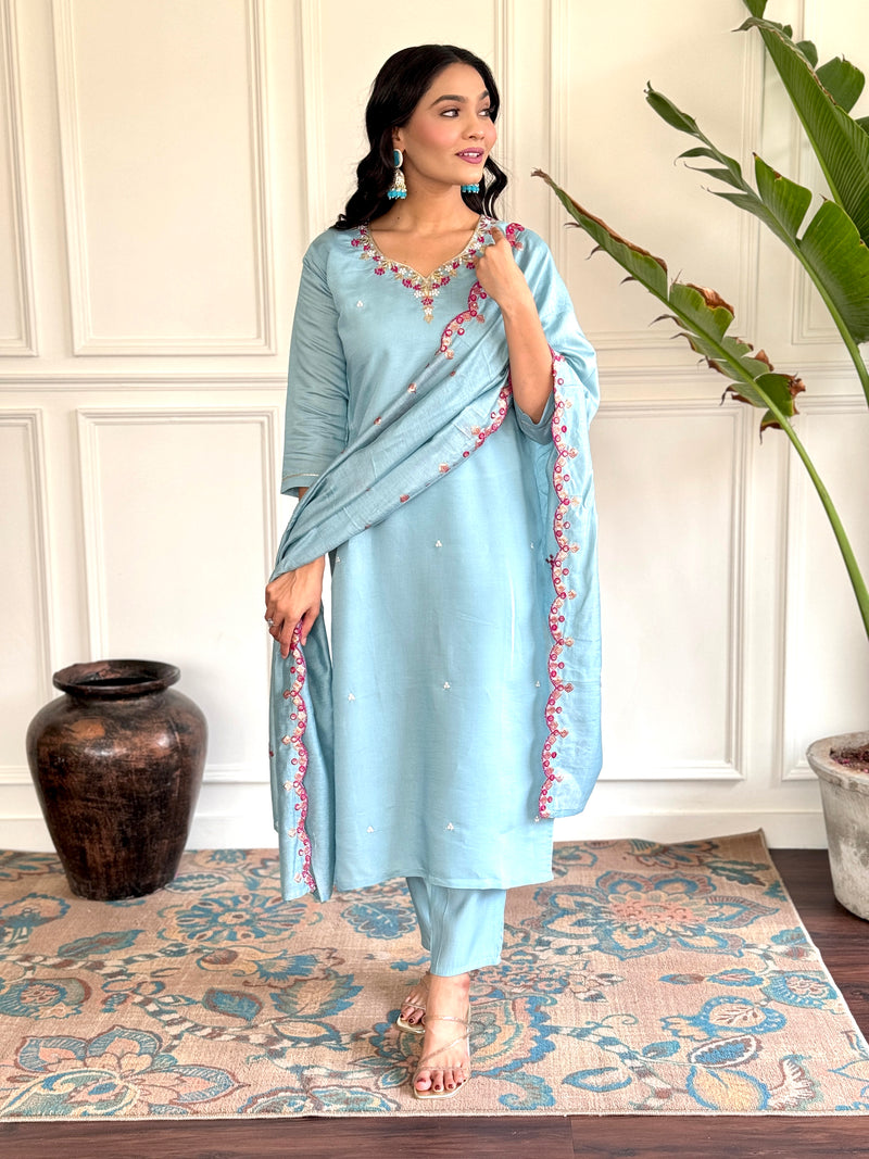 Sky Blue Viscose Chanderi Kurti Set with Embroidered Dupatta