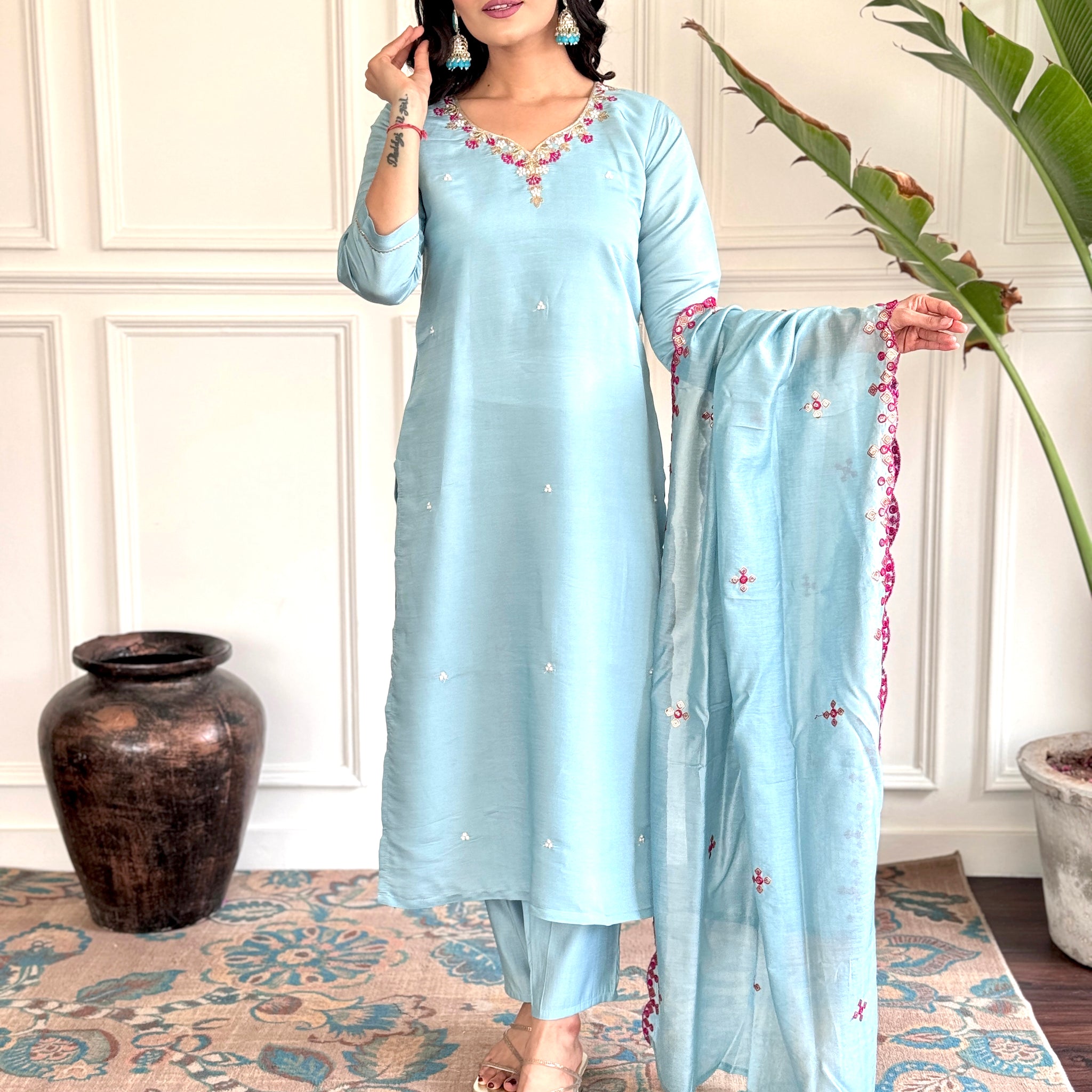 Sky Blue Viscose Chanderi Kurti Set with Embroidered Dupatta