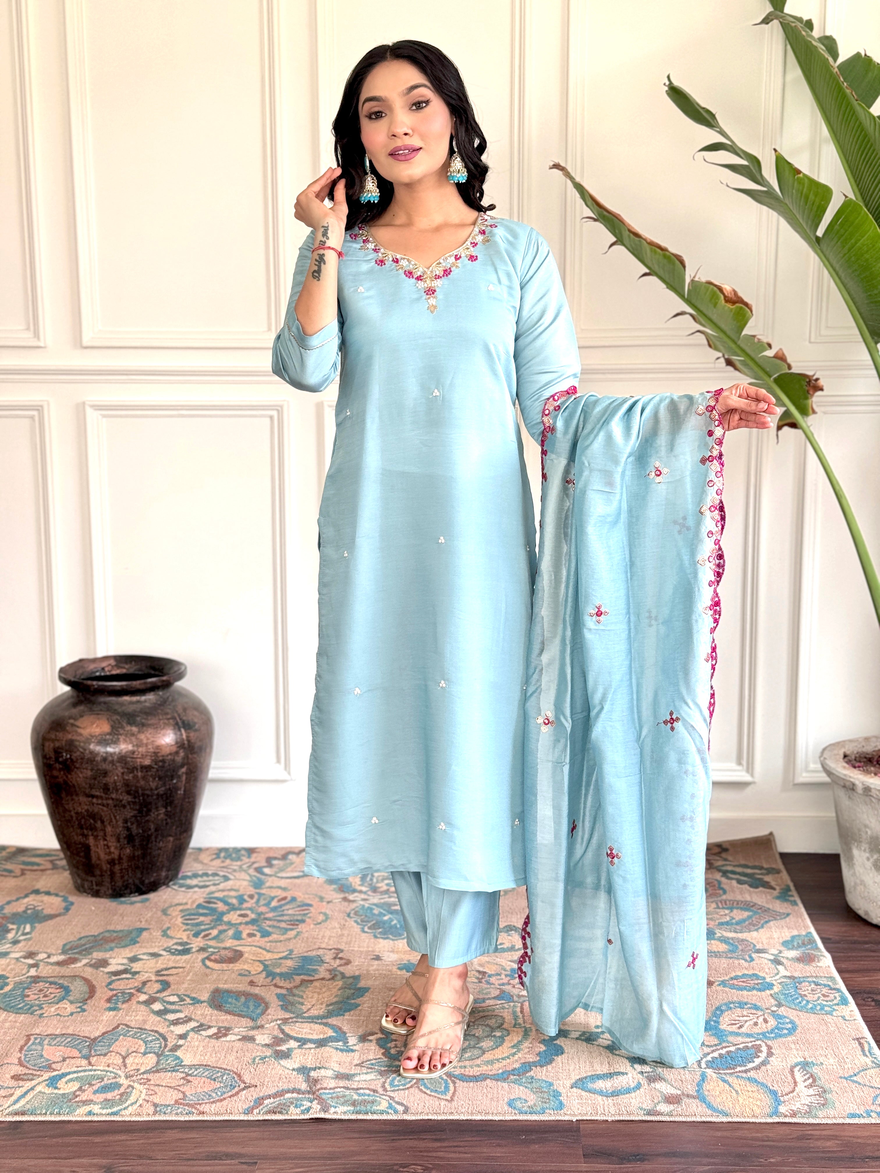 Sky Blue Viscose Chanderi Kurti Set with Embroidered Dupatta