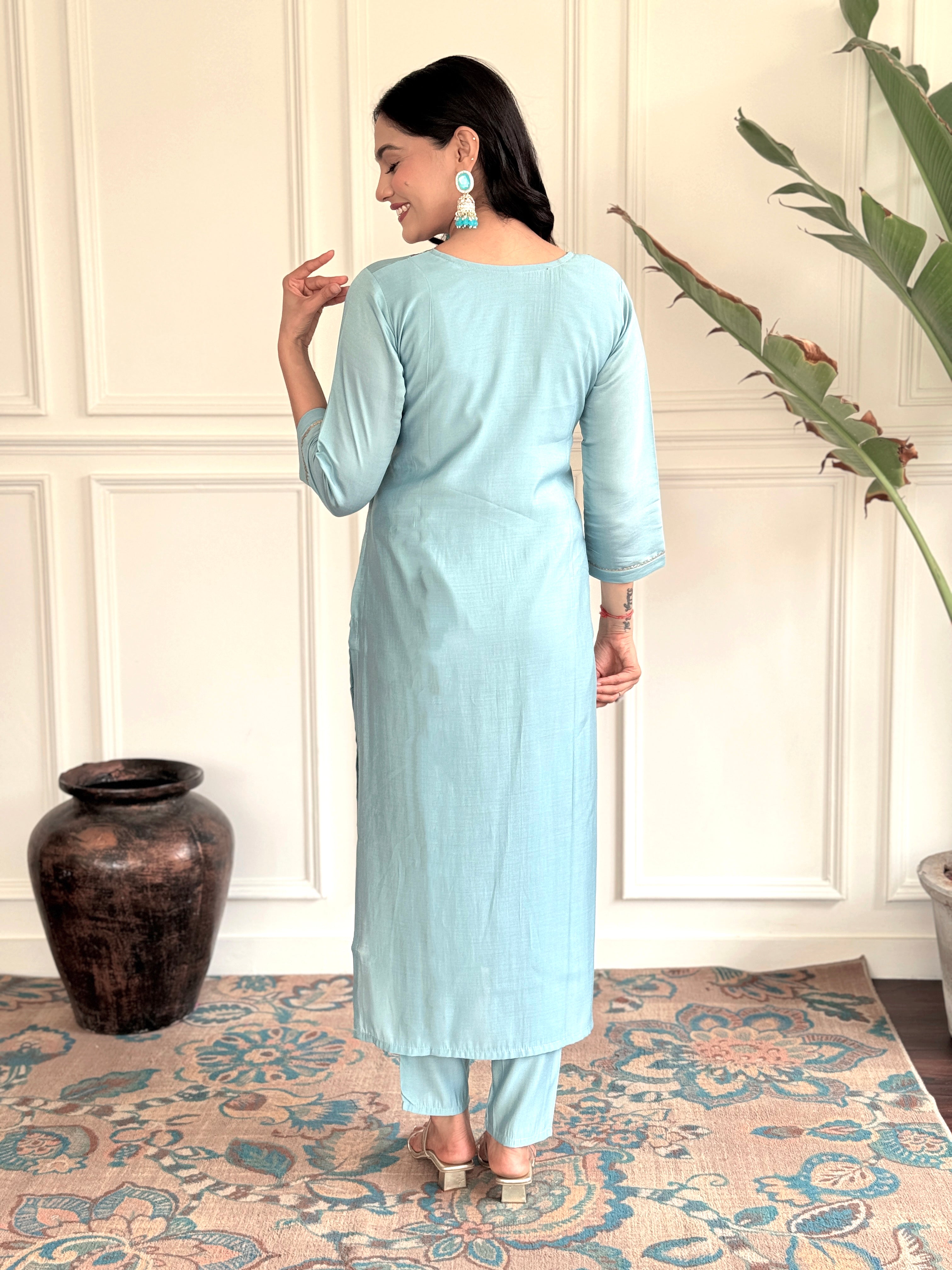 Sky Blue Viscose Chanderi Kurti Set with Embroidered Dupatta