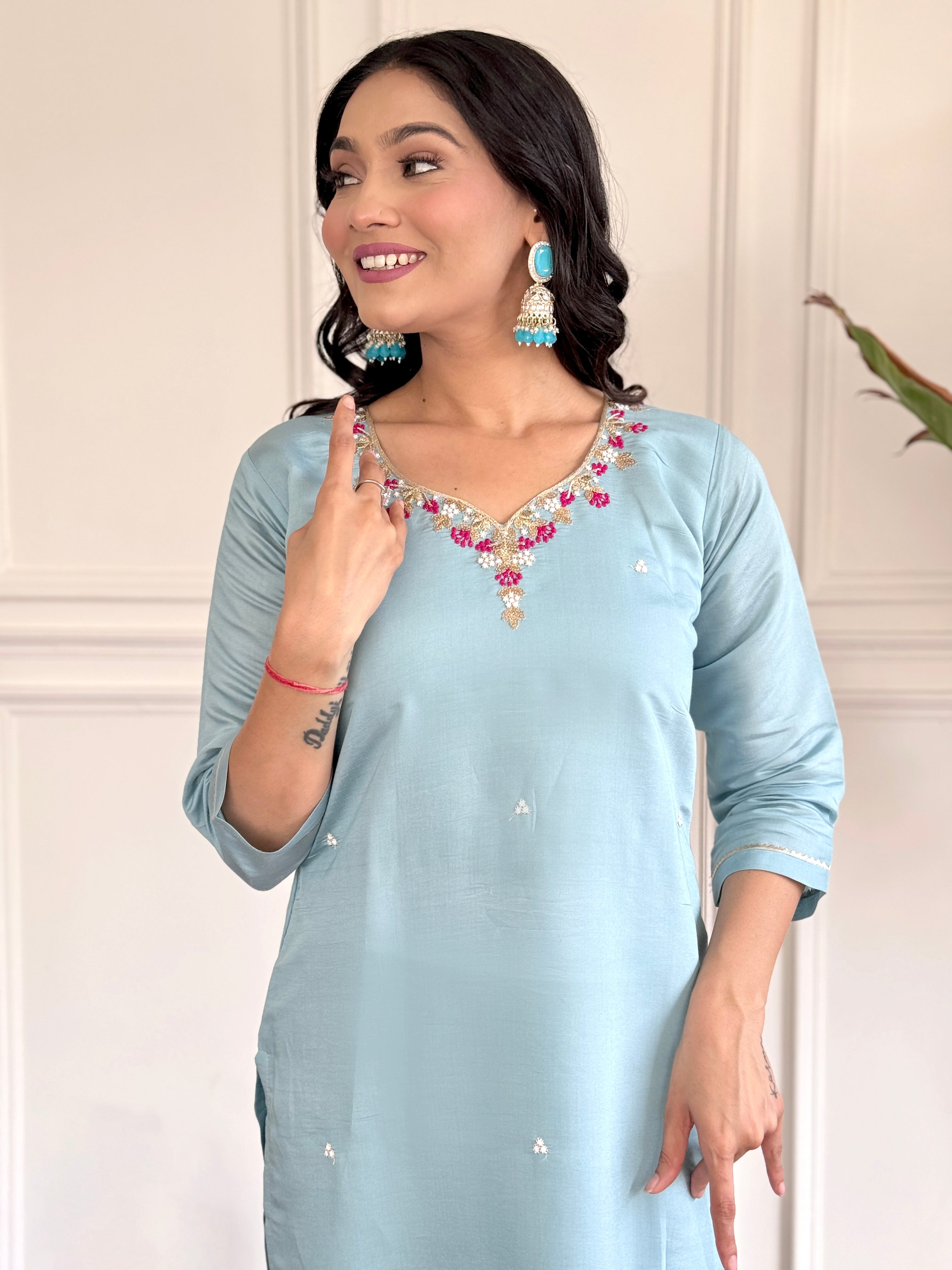 Sky Blue Viscose Chanderi Kurti Set with Embroidered Dupatta