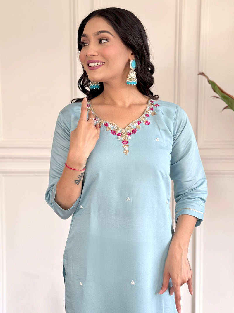 Sky Blue Viscose Chanderi Kurti Set with Embroidered Dupatta