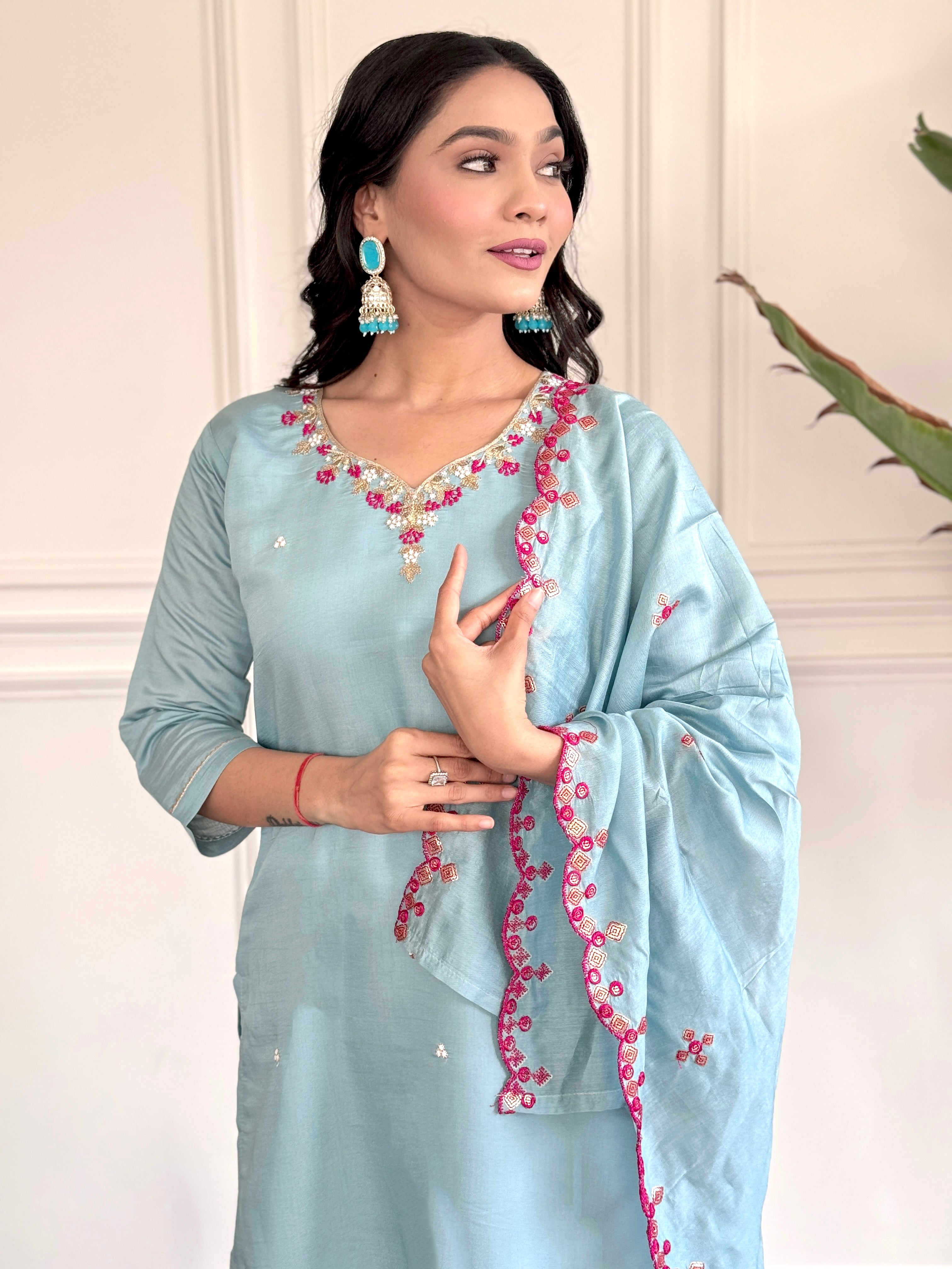 Sky Blue Viscose Chanderi Kurti Set with Embroidered Dupatta