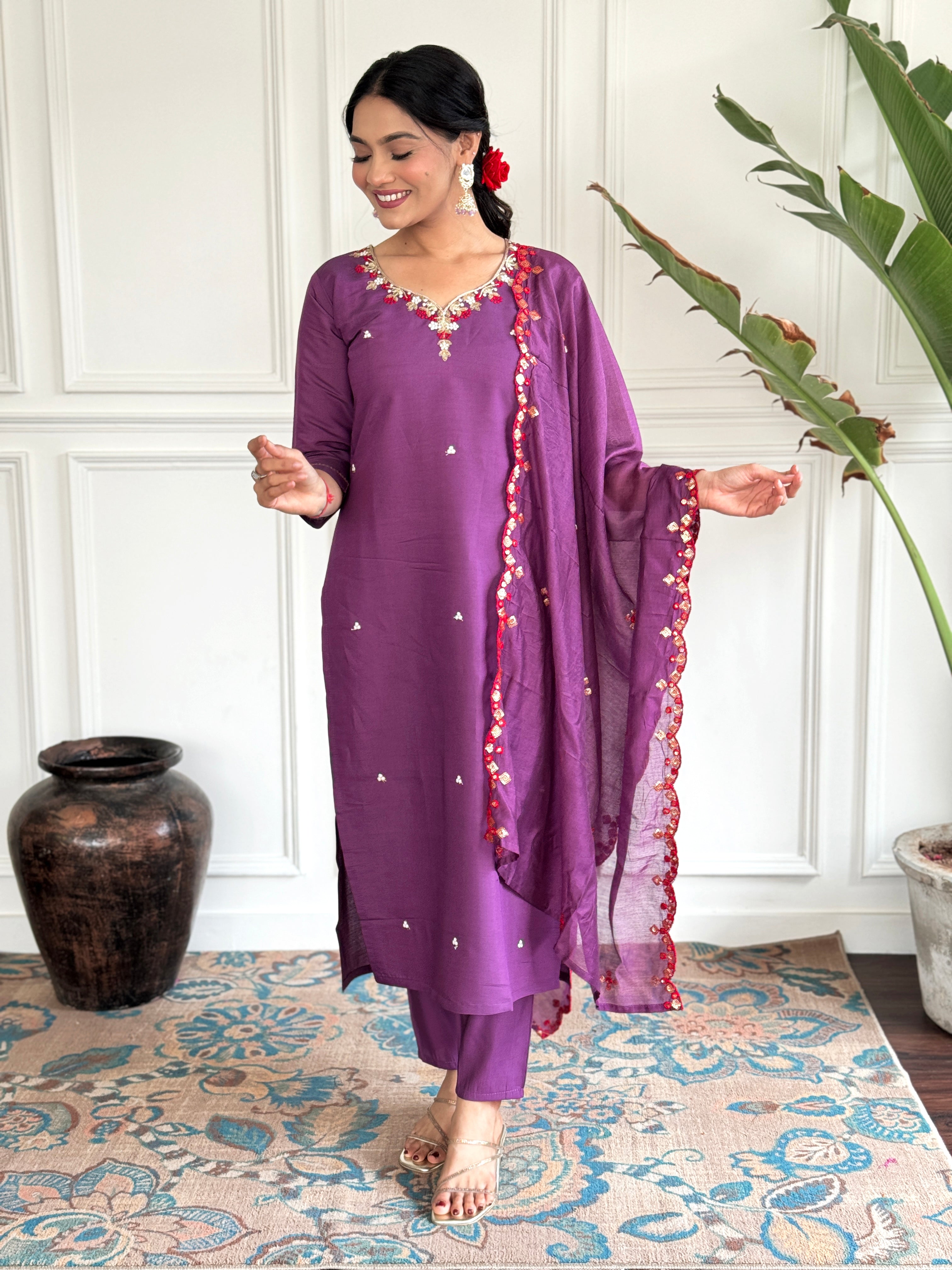 Purple Viscose Chanderi Kurti Set with Embroidered Dupatta