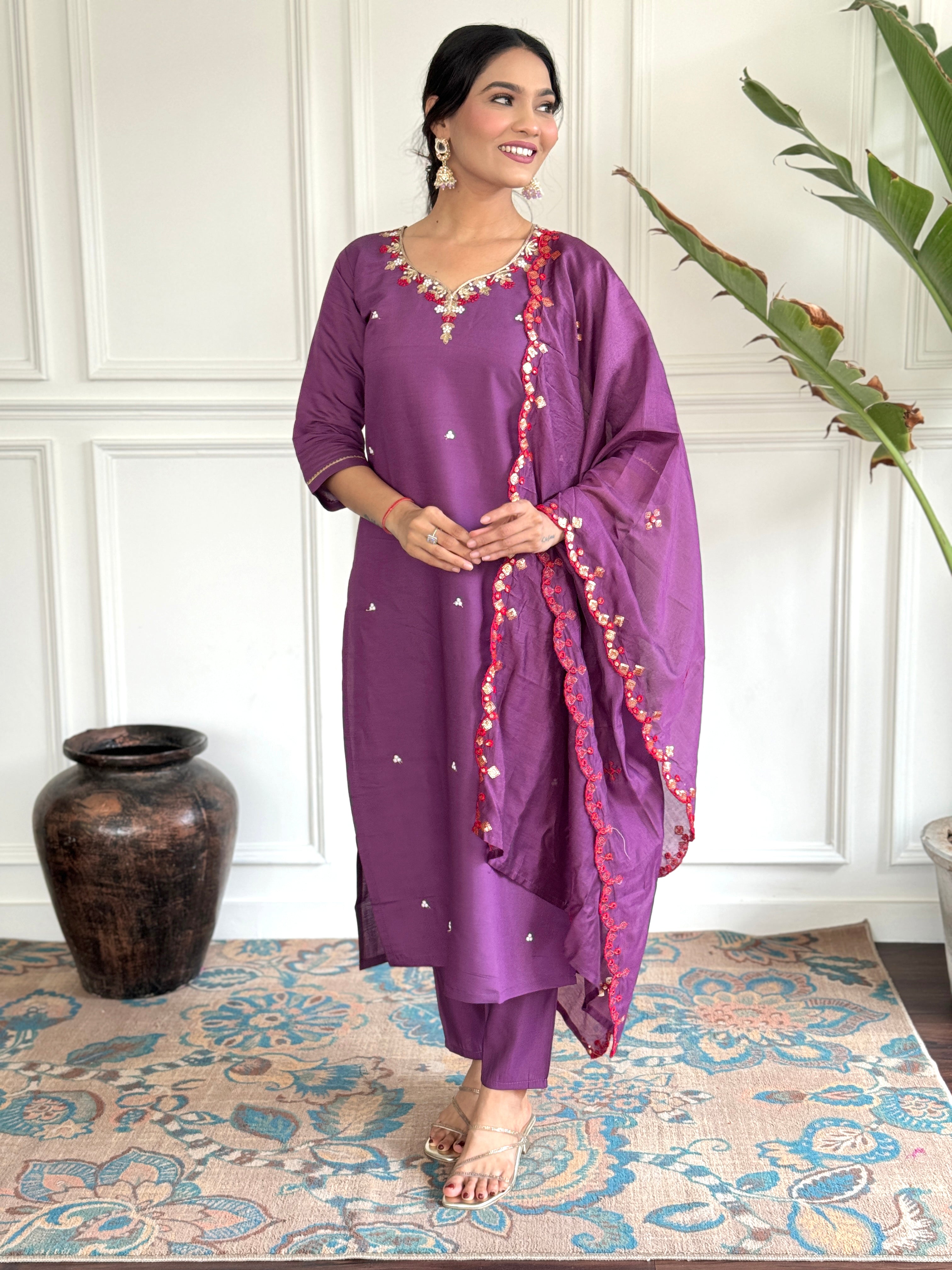 Purple Viscose Chanderi Kurti Set with Embroidered Dupatta