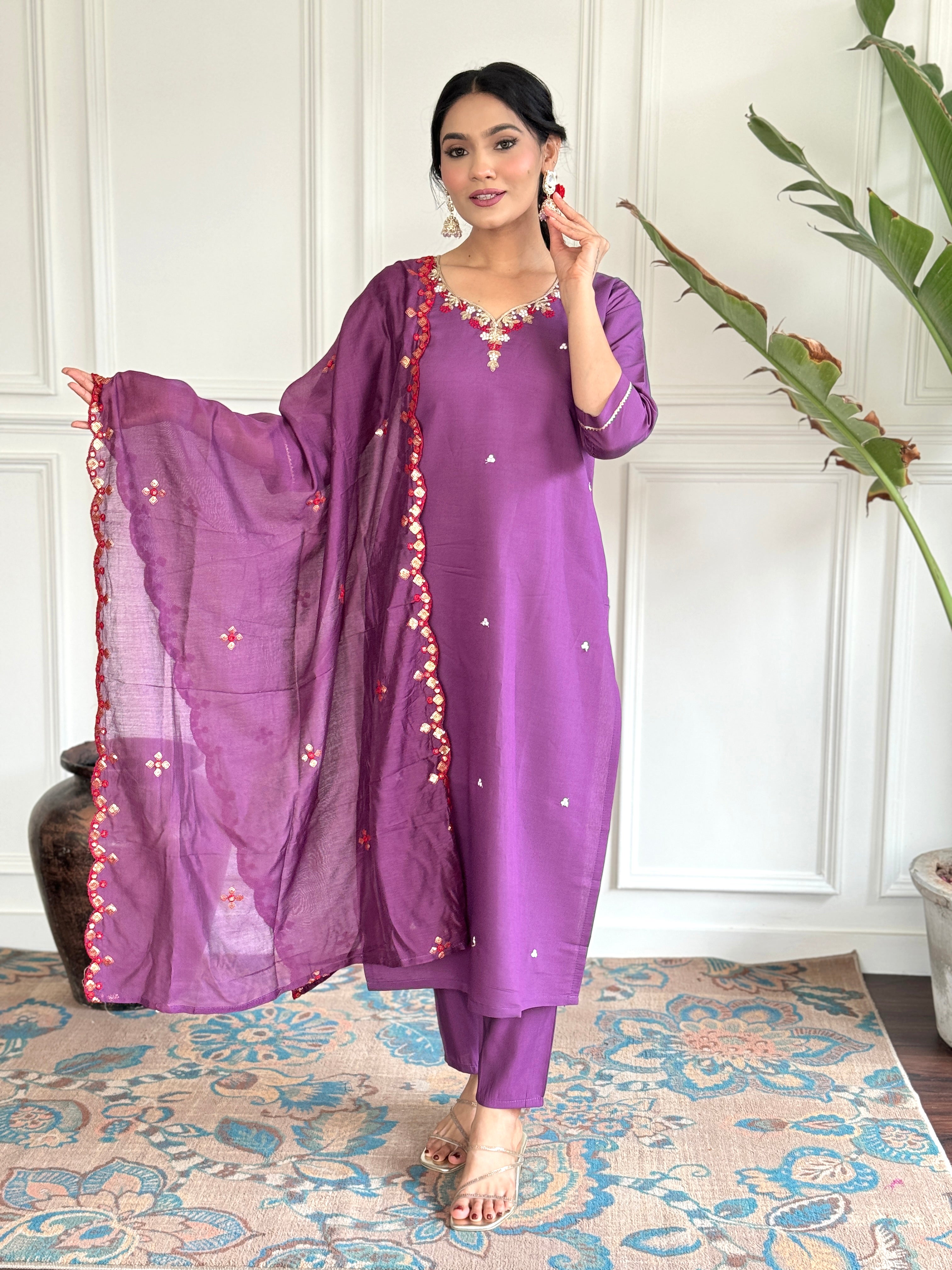 Purple Viscose Chanderi Kurti Set with Embroidered Dupatta