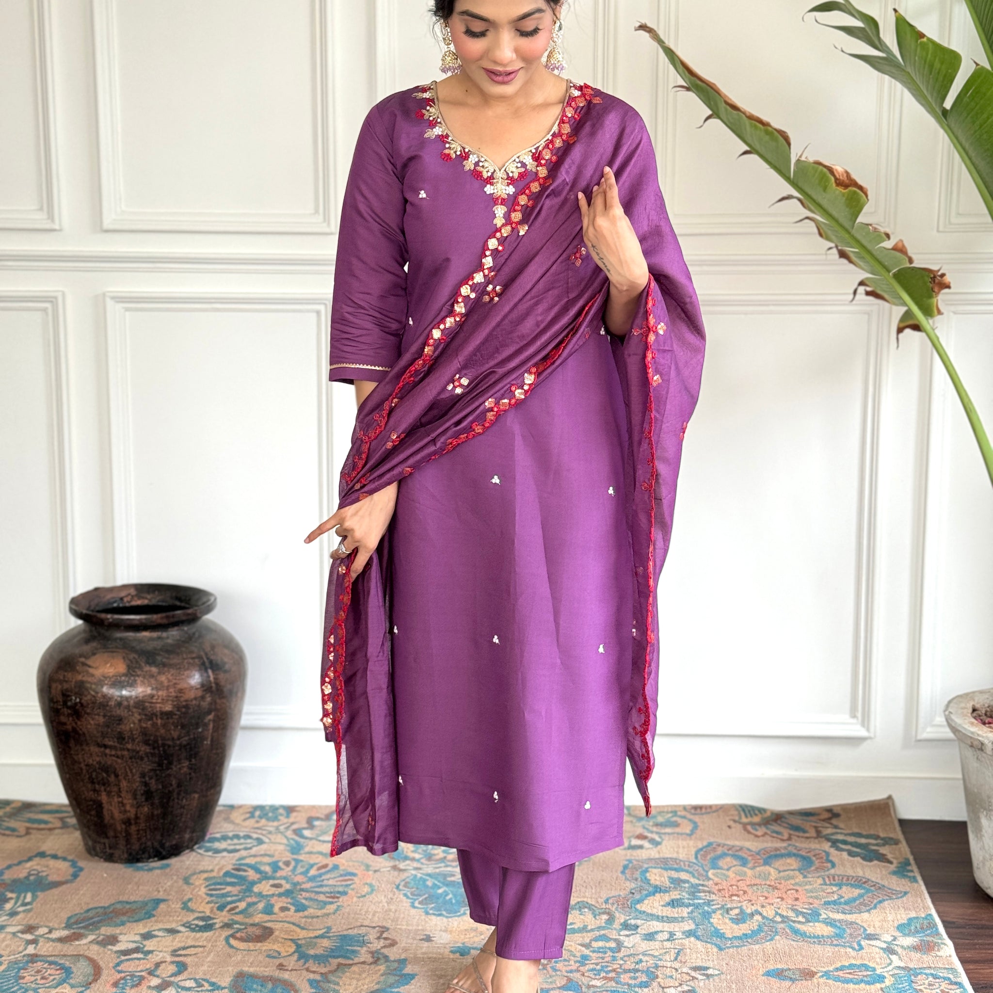 Purple Viscose Chanderi Kurti Set with Embroidered Dupatta