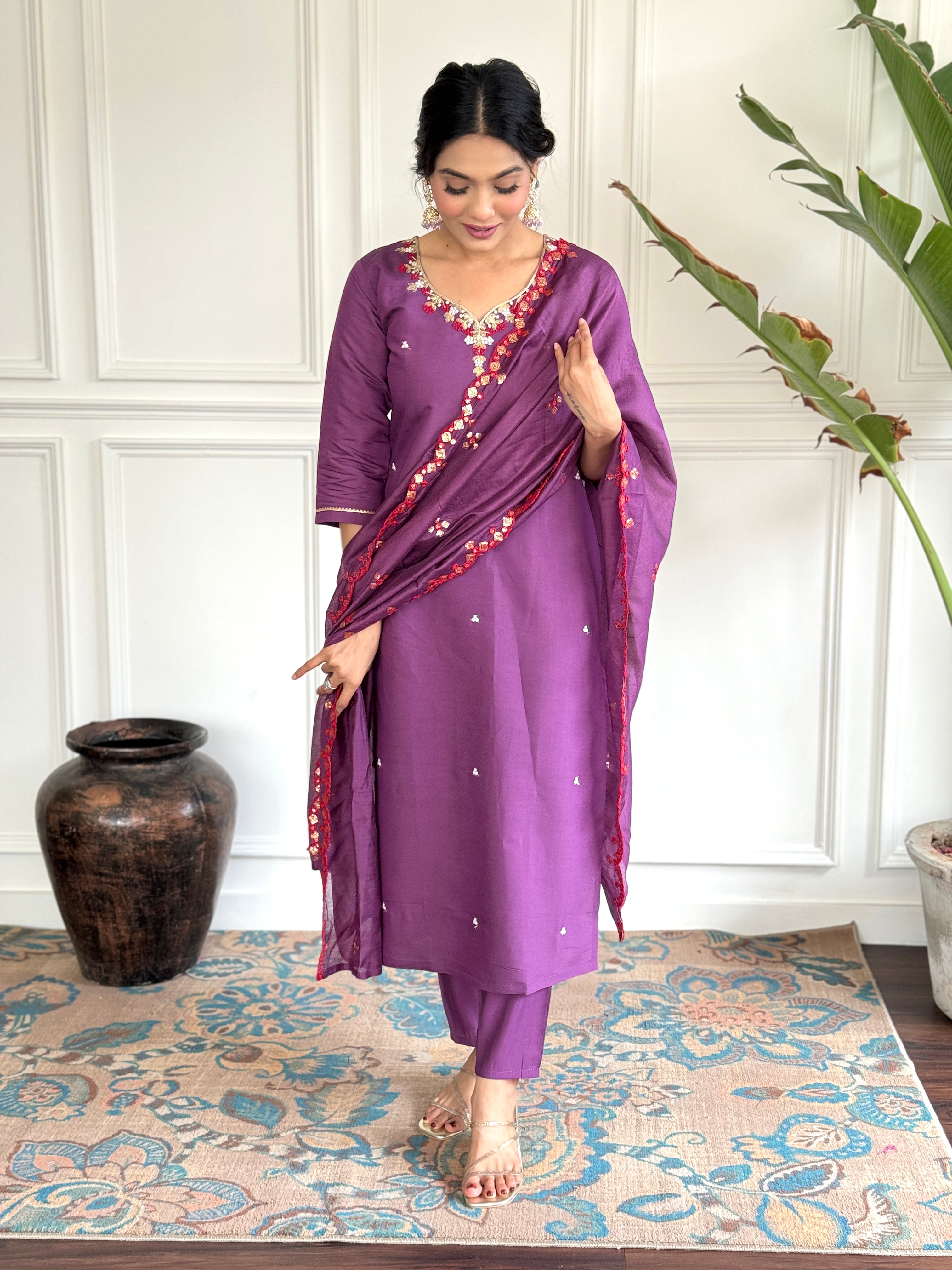 Purple Viscose Chanderi Kurti Set with Embroidered Dupatta
