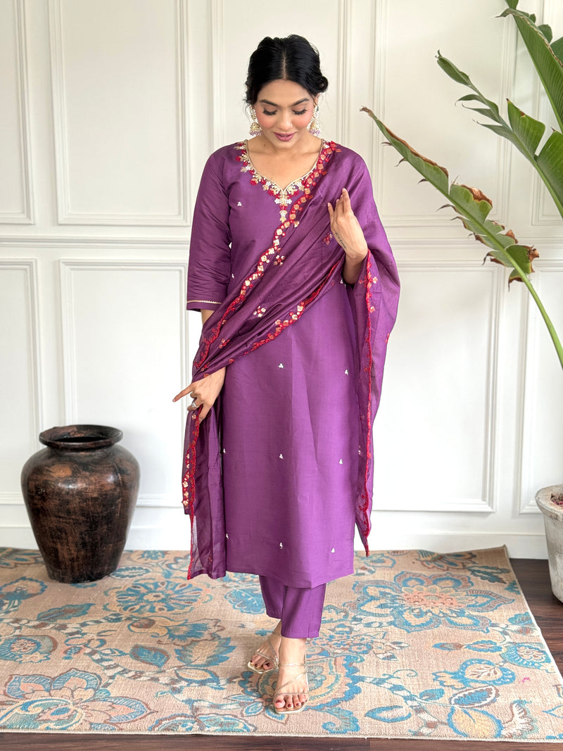 Purple Viscose Chanderi Kurti Set with Embroidered Dupatta
