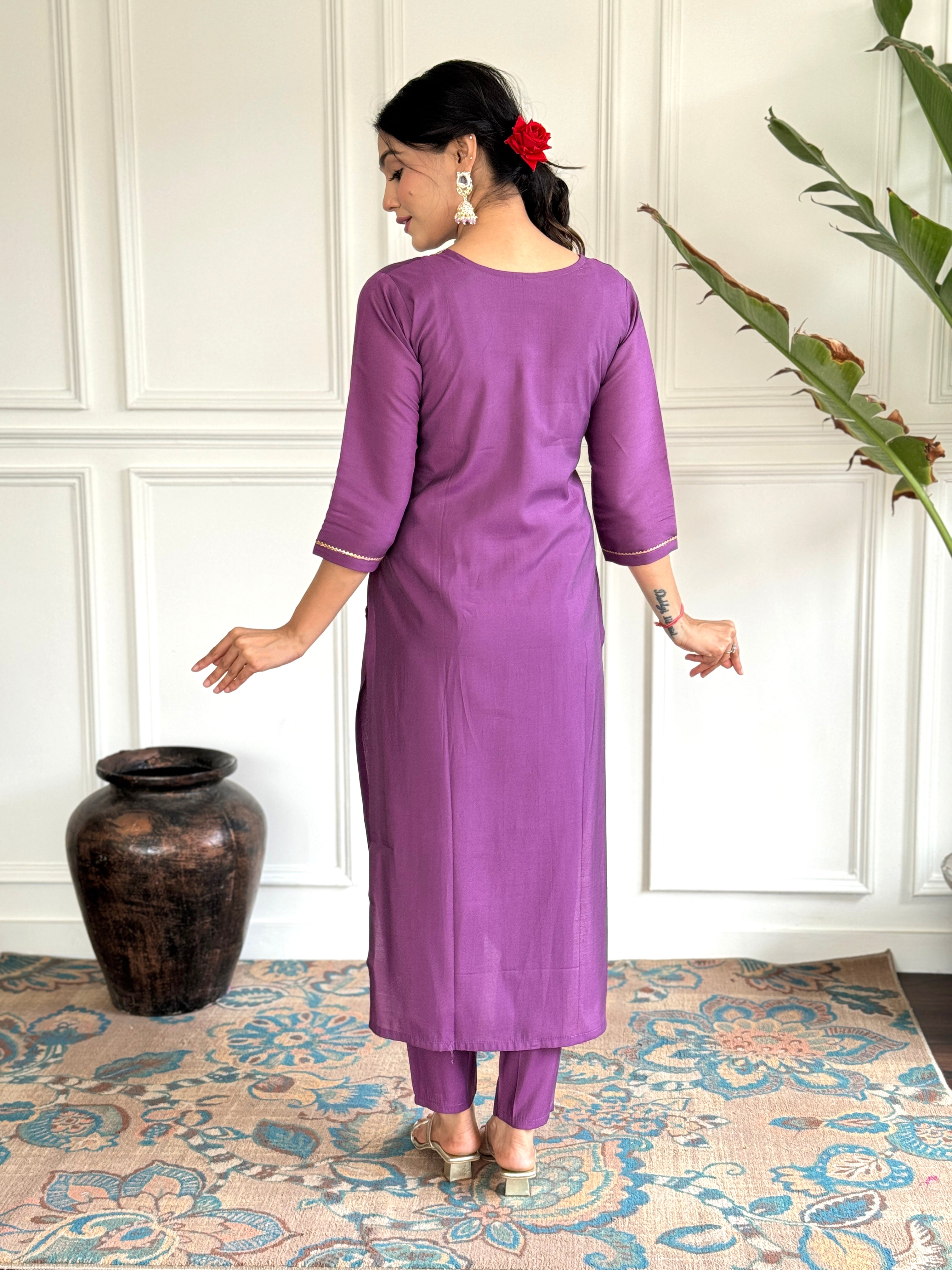 Purple Viscose Chanderi Kurti Set with Embroidered Dupatta