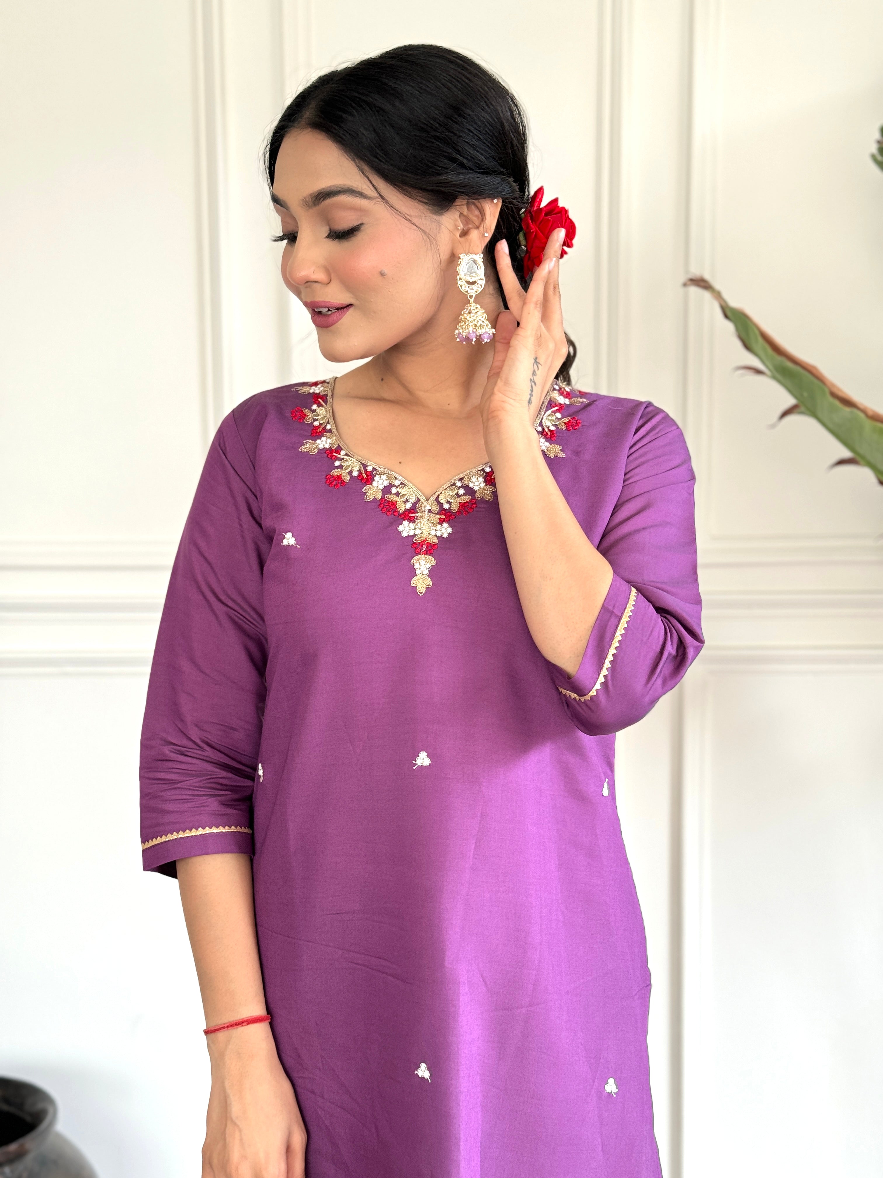Purple Viscose Chanderi Kurti Set with Embroidered Dupatta