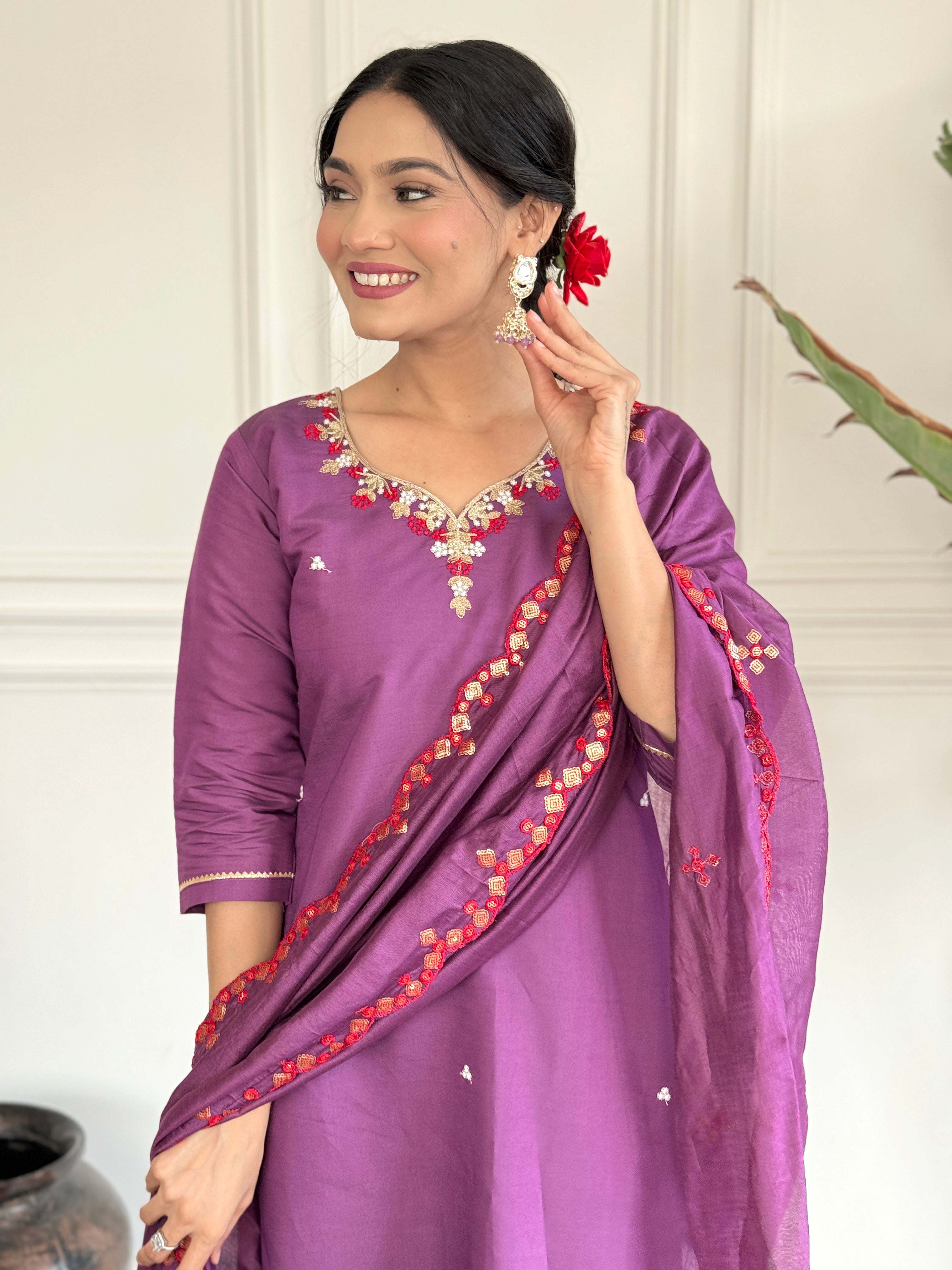 Purple Viscose Chanderi Kurti Set with Embroidered Dupatta