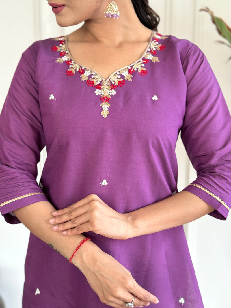 Purple Viscose Chanderi Kurti Set with Embroidered Dupatta