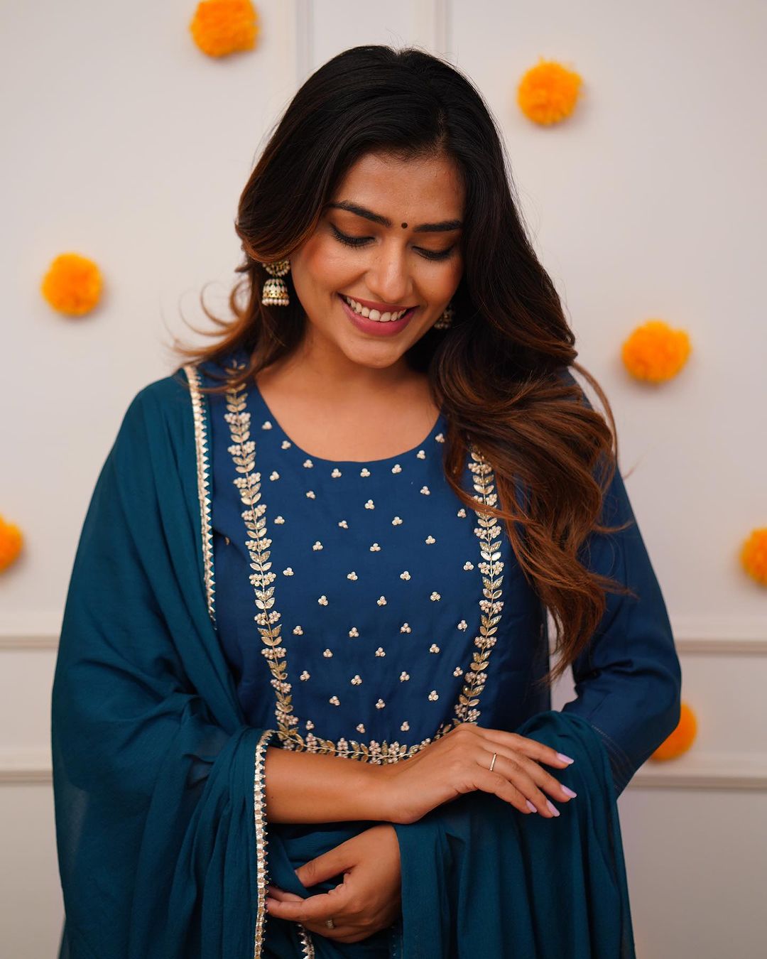 Royal Blue Embroidered Rayon Slub Kurti Set