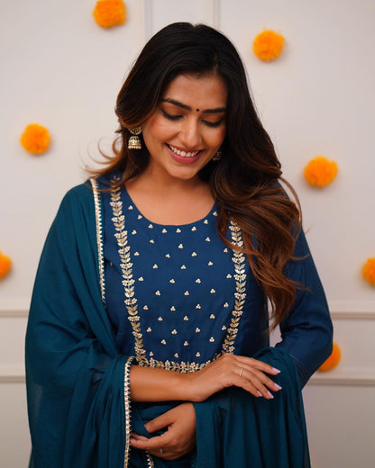 Royal Blue Embroidered Rayon Slub Kurti Set
