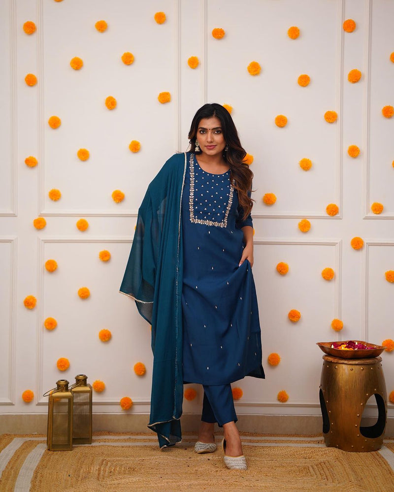 Royal Blue Embroidered Rayon Slub Kurti Set