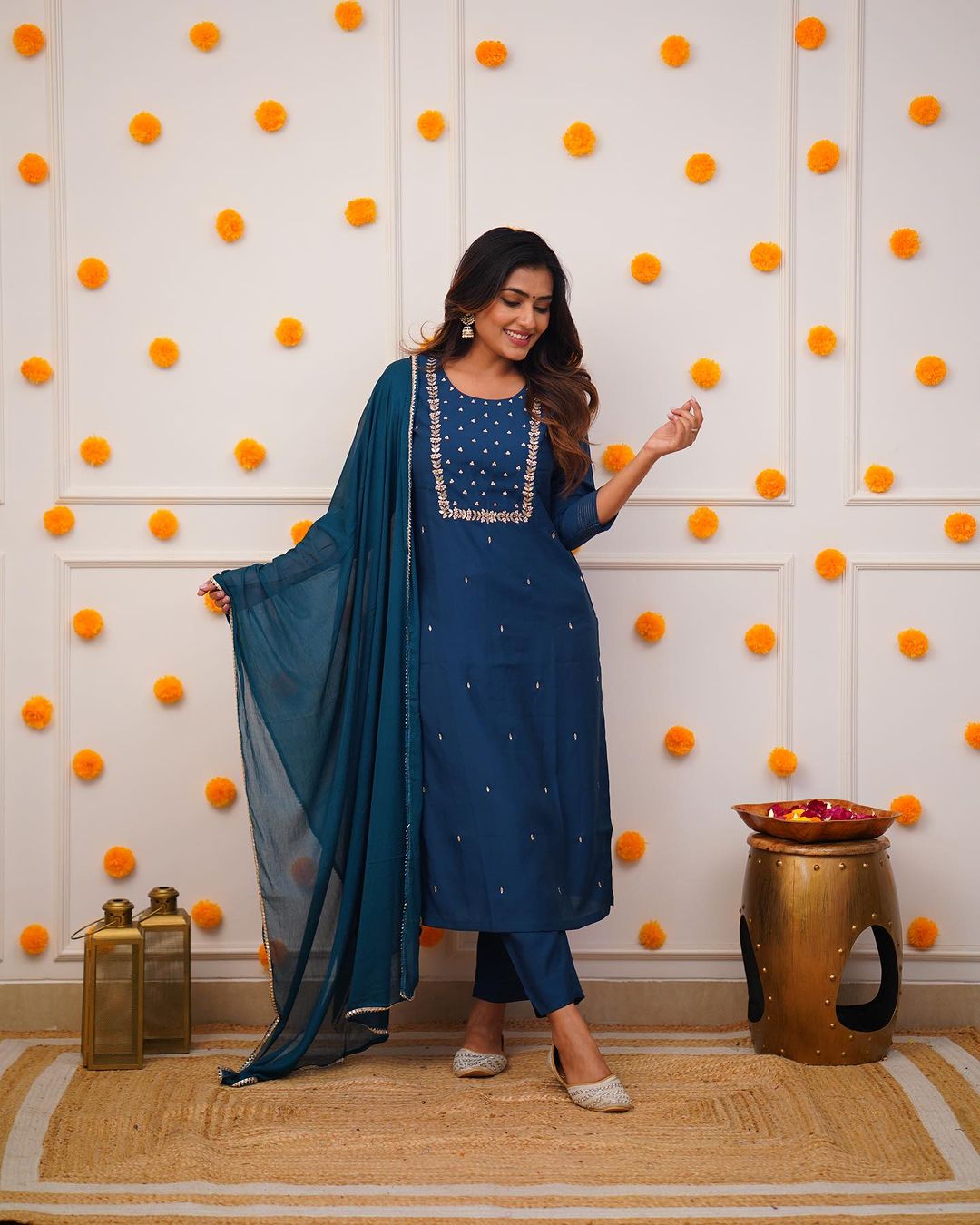 Royal Blue Embroidered Rayon Slub Kurti Set