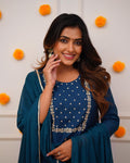 Royal Blue Embroidered Rayon Slub Kurti Set