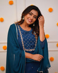 Royal Blue Embroidered Rayon Slub Kurti Set