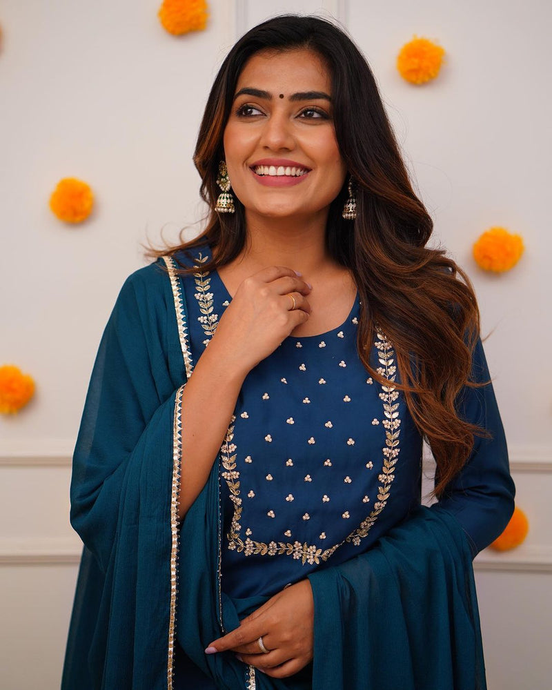 Royal Blue Embroidered Rayon Slub Kurti Set