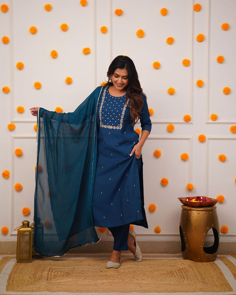 Royal Blue Embroidered Rayon Slub Kurti Set