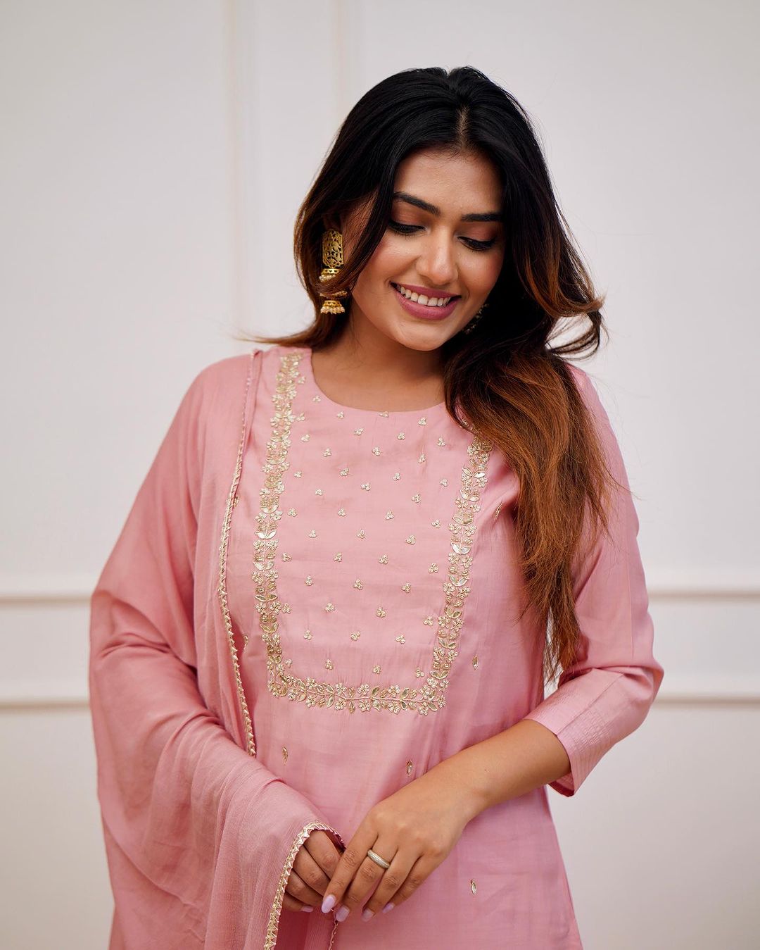 Blush Pink Embroidered Rayon Slub Kurti Set