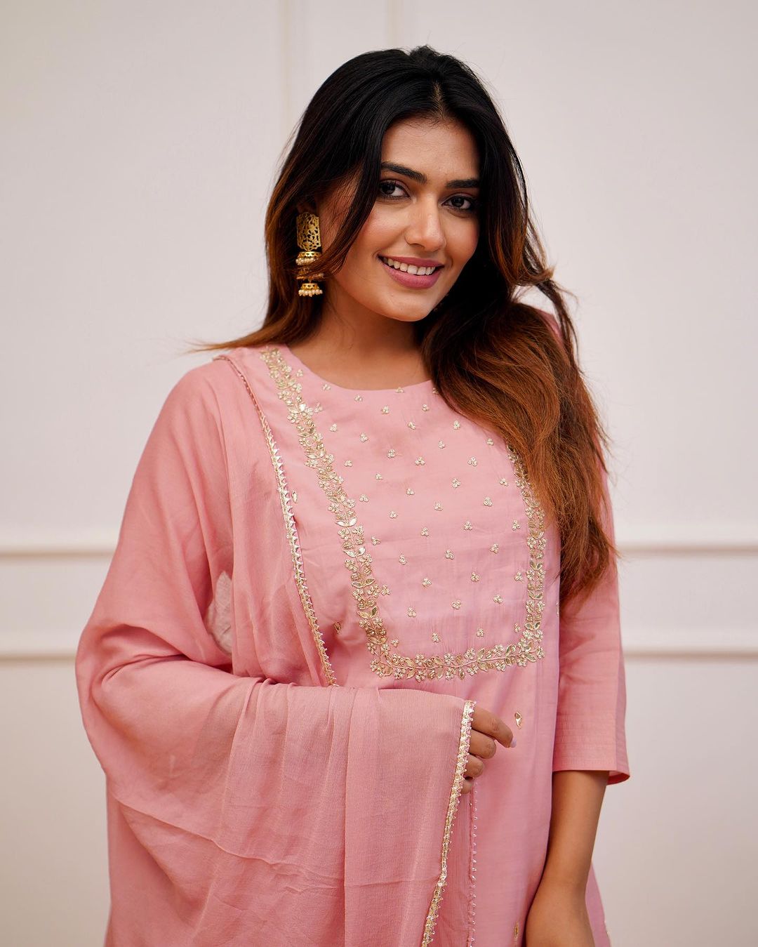 Blush Pink Embroidered Rayon Slub Kurti Set