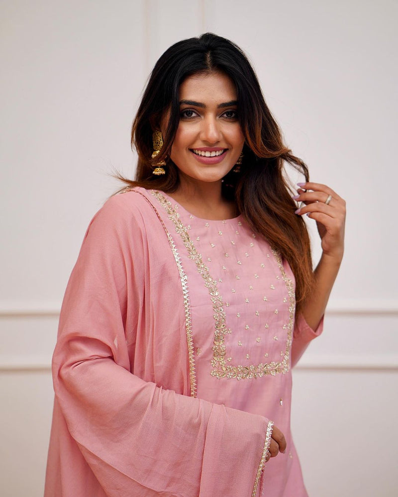 Blush Pink Embroidered Rayon Slub Kurti Set