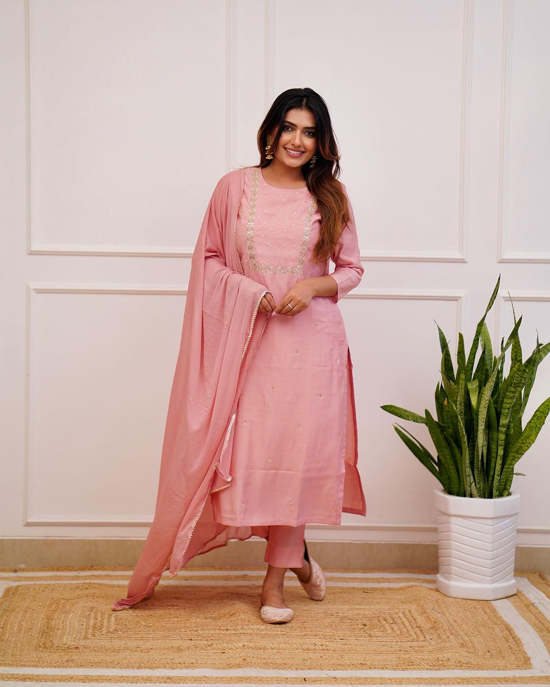 Blush Pink Embroidered Rayon Slub Kurti Set
