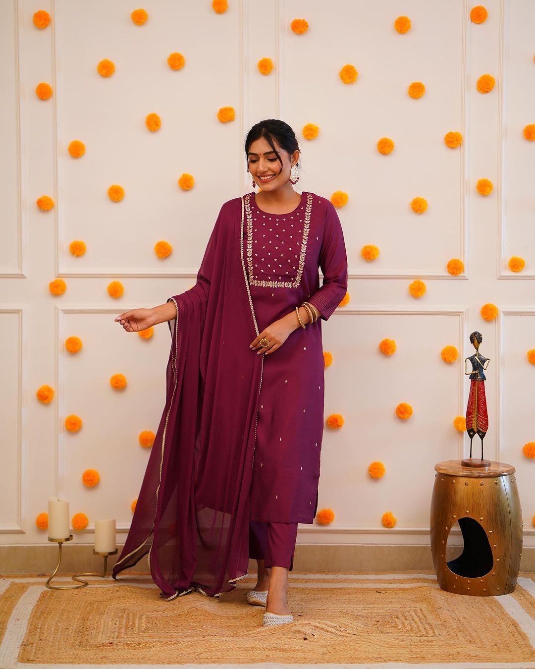 Wine Purple Embroidered Rayon Slub Kurti Set