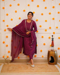 Wine Purple Embroidered Rayon Slub Kurti Set